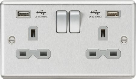 MLA 13A 2G DP Brushed Chrome Dual USB Charger Socket with Grey Inert | CL9224BCG