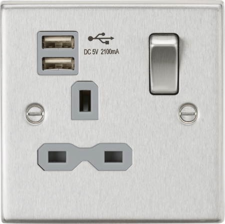 Knightsbridge 13A 1G Switched Socket Dual USB Charger (2.1A) with Grey Insert | CS91BCG