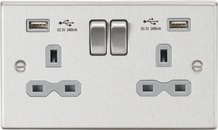 Knightsbridge 13A 2G Switched Socket Dual USB Charger (2.4A) with Grey Insert | CS9224BCG