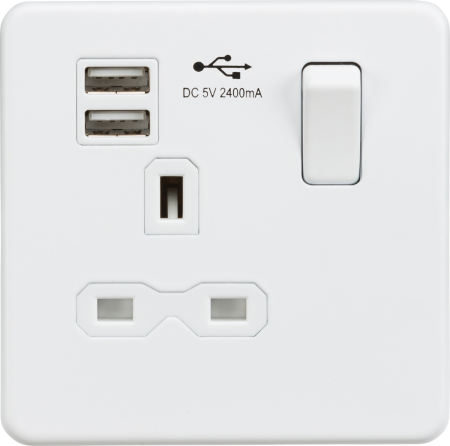 Knightsbridge Screwless 13A 1G Switched Socket With Dual USB Matt White | SFR9124MW