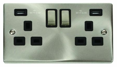 Click Deco Ingot Satin Chrome 2 Gang 13A Switched Socket & Twin Fast Charge USB Black Insert VPSC780BK