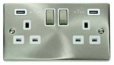 Click Deco Ingot Satin Chrome 2 Gang 13A Switched Socket & Twin Fast Charge USB White Insert VPSC580WH