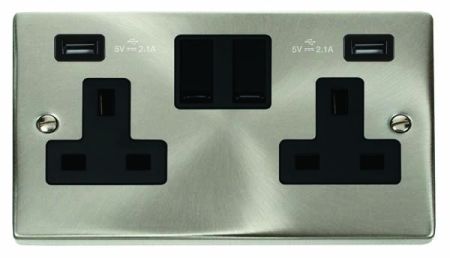 Click Deco Satin Chrome 2 Gang 13A Switched Socket & Twin Fast Charge USB Black Insert VPSC780BK