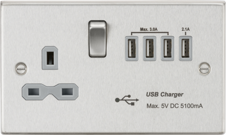 Knightsbridge 13A Switched Socket & Quad USB Charger (5.1A) with Grey Insert | CS7USB4BCG