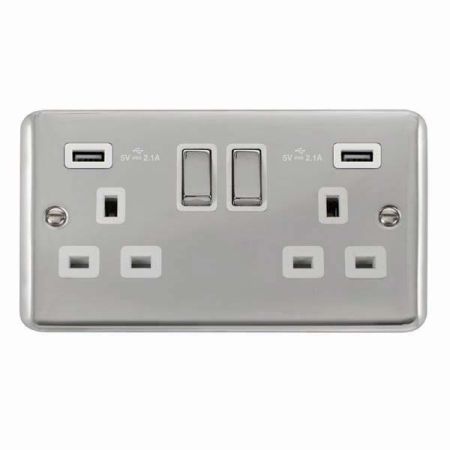 Click Deco Plus Polished Chrome 13a Socket With 2 x 2.1A USB White Insert | DPCH580WH 