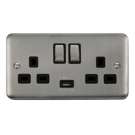 Click Deco Plus Satinless Steel 13a Double Socket With USB Black Insert DPSS570BK