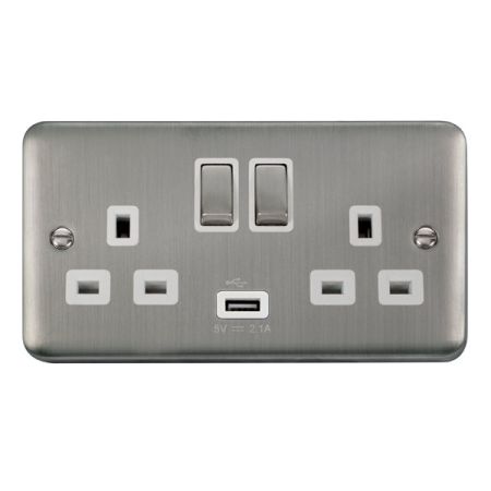 Click Deco Plus Satinless Steel 13a Double Socket With USB White Insert DPSS570WH