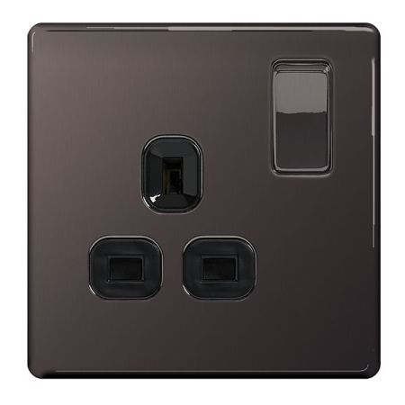 BG Nexus Flatplate Screwless Black Nickel 13A 1G DP Switched Plug Socket | FBN21B
