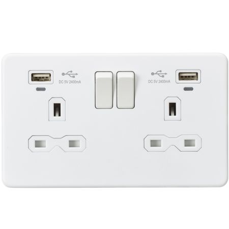 Knightsbridge Screwless 13A 2G Socket, Dual USB & LED Charge Indicators Matt White SFR9904NMW