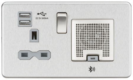 Knightsbridge Screwless 13A Switched Socket Dual USB & Bluetooth Speaker Brushed Chrome Grey Insert