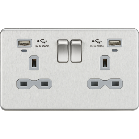 Knightsbridge Screwless Brushed Chrome 13A 2G Switched Socket Dual USB LED Charge Indicators Grey Insert SFR9904NBCG