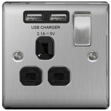 BG Nexus Metal Brushed Steel 13A 1 Gang Switched Plug Socket + 2 USB (2.1A) Grey Insert | NBS21U2G