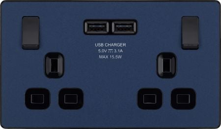 BG Evolve Matt Blue Double Switched Socket Outlet & Dual USB Chargers | PCDDB22U3B