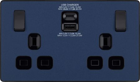 BG Evolve Matt Blue 13 Amp Socket with 30W TYPE-C 30W USB Charger | PCDDB22UAC30B