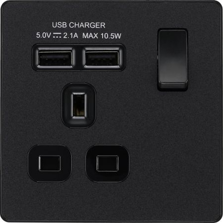 BG Evolve Matt Black Single Switched Socket Outlet & Dual USB Chargers | PCDMB21U2B