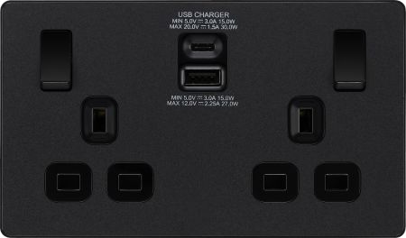 BG Evolve Matt Black 13 Amp Socket with 30W TYPE-C 30W USB Charger | PCDMB22UAC30B