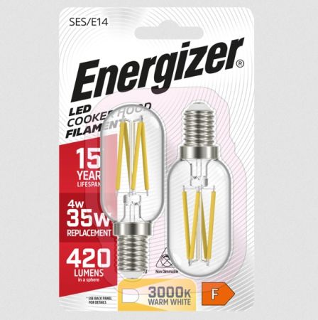 Energizer 4w LED Filament Cookerhood Lamp E14/SES 3000K Warm White Twin Pack | S13564