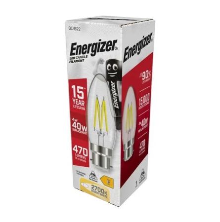 Energizer 4w LED Filament Candle Lamp B22/BC 2700K Warm White | S12868