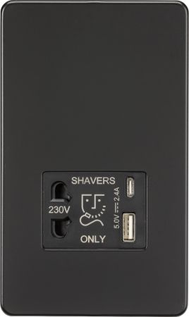 Knightsbridge Screwless Shaver Socket & Dual USB A+C Matt Black | SF8909MB