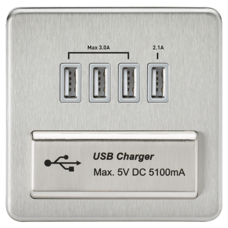 Knightsbridge Screwless Brushed Chrome Quad USB Charger Outlet Grey Insert SFQUADBCG