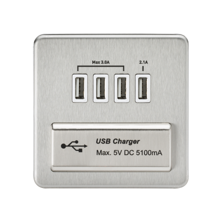 Knightsbridge Screwless Brushed Chrome Quad USB Charger Outlet White Insert SFQUADBCW