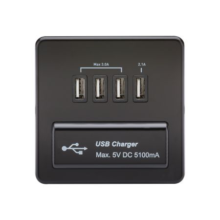 Knightsbridge Screwless Quad USB 5.1A Charger Outlet Matt Black | SFQUADMB
