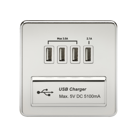 Knightsbridge Screwless Polished Chrome Quad USB Charger Outlet White Insert SFQUADPCW