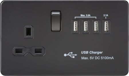 Knightsbridge Screwless 13A Switched Socket With Quad USB Matt Black | SFR7USB4MBB