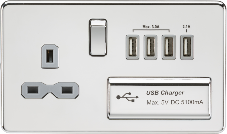 Knightsbridge Screwless Polished Chrome 13A Switched Socket With Quad USB Grey Insert SFR7USB4PCG