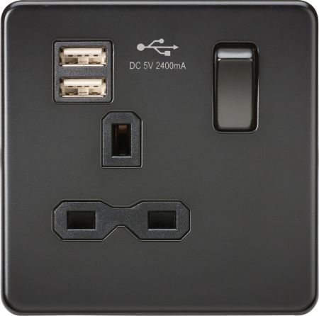 Knightsbridge Screwless 13A 1G Switched Socket With Dual USB Matt Black | SFR9124MBB