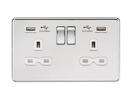 Knightsbridge Screwless Polished Chrome 13A 2G Switched Socket With Dual USB White Insert