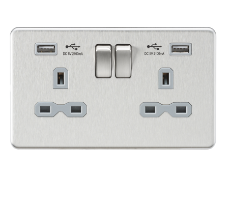 Knightsbridge Screwless Brushed Chrome 13A 2G Switched Socket With Dual USB Grey Insert SFR9902BCG