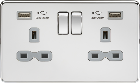 Knightsbridge Screwless Polished Chrome 13A 2G Switched Socket With Dual USB Grey Insert SFR9902PCG
