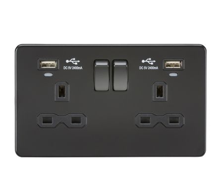 Knightsbridge Screwless 13A 2G Socket & USB with LED Charge Indicators Matt Black | SFR9904NMBB