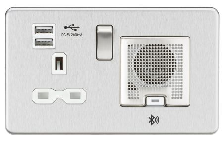 Knightsbridge Screwless 13A Switched Socket Dual USB & Bluetooth Speaker Brushed Chrome White Insert