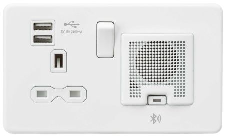 Knightsbridge Screwless 13A Switched Socket With Dual USB And Bluetooth Speaker Matt White