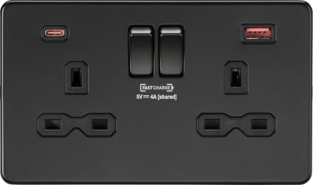 Knightsbridge 13A 2G Socket & Dual Fast Charge Outlets A+C Matt Black | SFR9909MBB