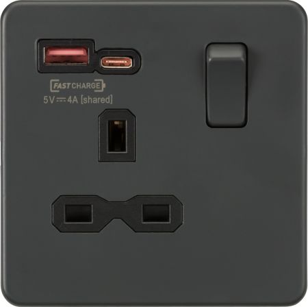 Knightsbridge 13A 2G Socket & Dual Fast Charge Outlets A+C Matt Black | SFR9909MBB