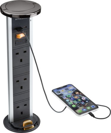 Knightsbridge IP54 3G pop-up socket with dual USB charger A+C (FASTCHARGE) Black Nickel | SK9909BN