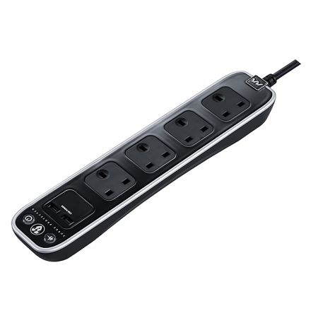 Masterplug High Gloss USB Surge protected 4 Socket Extension Lead Black | SRGLSU42PB
