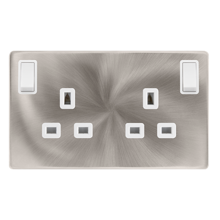 13a Ingot 2 Gang Dp Switched Safety Shutter Socket With Outboard Rockers- Brushed Steel Cover Plate - Polar White Insert