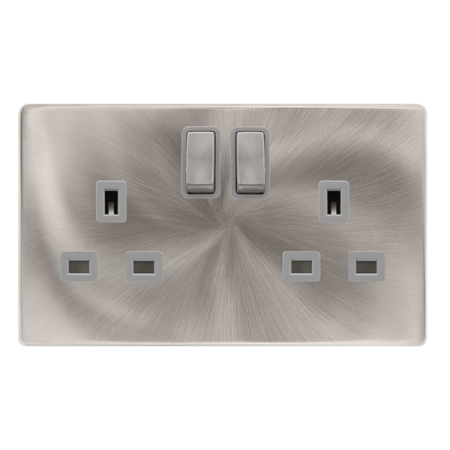 13a Ingot 2 Gang Dp Switched Socket - Brushed Steel Cover Plate - Grey Insert