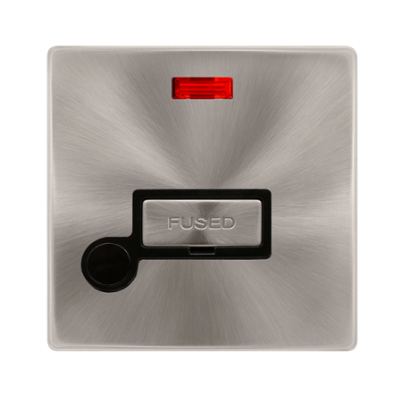 13a Ingot Fused Connection Unit With Neon & Optional Flex Outlet - Brushed Steel Cover Plate - Black Insert