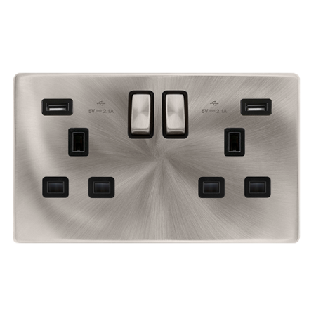 13a Ingot 2 Gang Switched Socket With 2.1a Usb Outlets - Brushed Steel Cover Plate - Black Insert