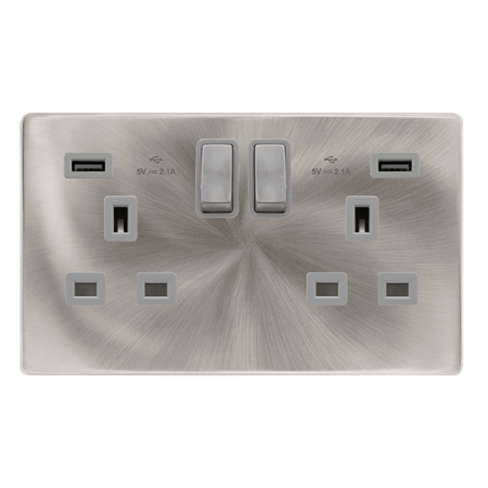 13a Ingot 2 Gang Switched Socket With 2.1a Usb Outlets - Brushed Steel Cover Plate - Grey Insert