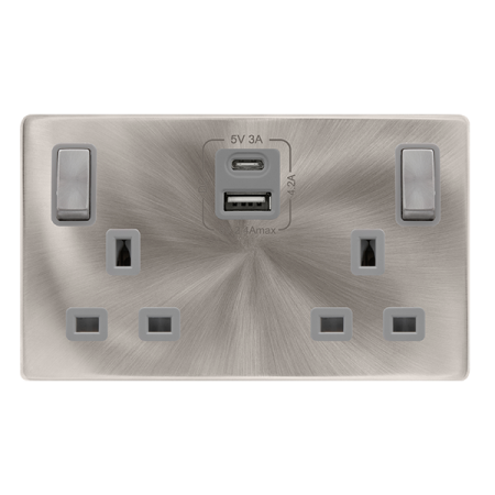 13a Ingot 2 Gang Switched Safety Shutter Socket With Type A & C Usb - Brushed Steel Cover Plate - Grey Insert