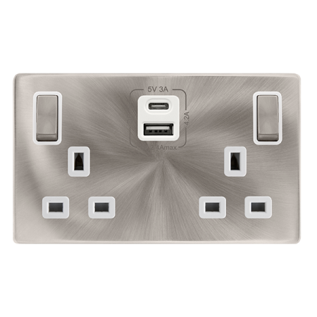 13a Ingot 2 Gang Switched Safety Shutter Socket With Type A & C Usb - Brushed Steel Cover Plate - Polar White Insert