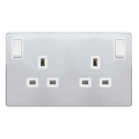 13a Ingot 2 Gang Dp Switched Safety Shutter Socket With Outboard Rockers- Polished Chrome Cover Plate - Polar White Insert