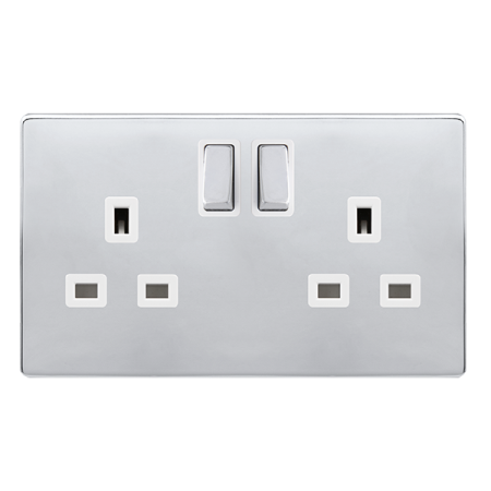 13a Ingot 2 Gang Dp Switched Socket - Polished Chrome Cover Plate - Polar White Insert