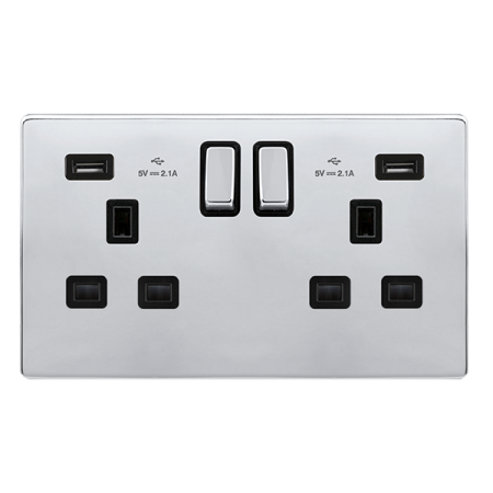 13a Ingot 2 Gang Switched Socket With 2.1a Usb Outlets - Polished Chrome Cover Plate - Black Insert